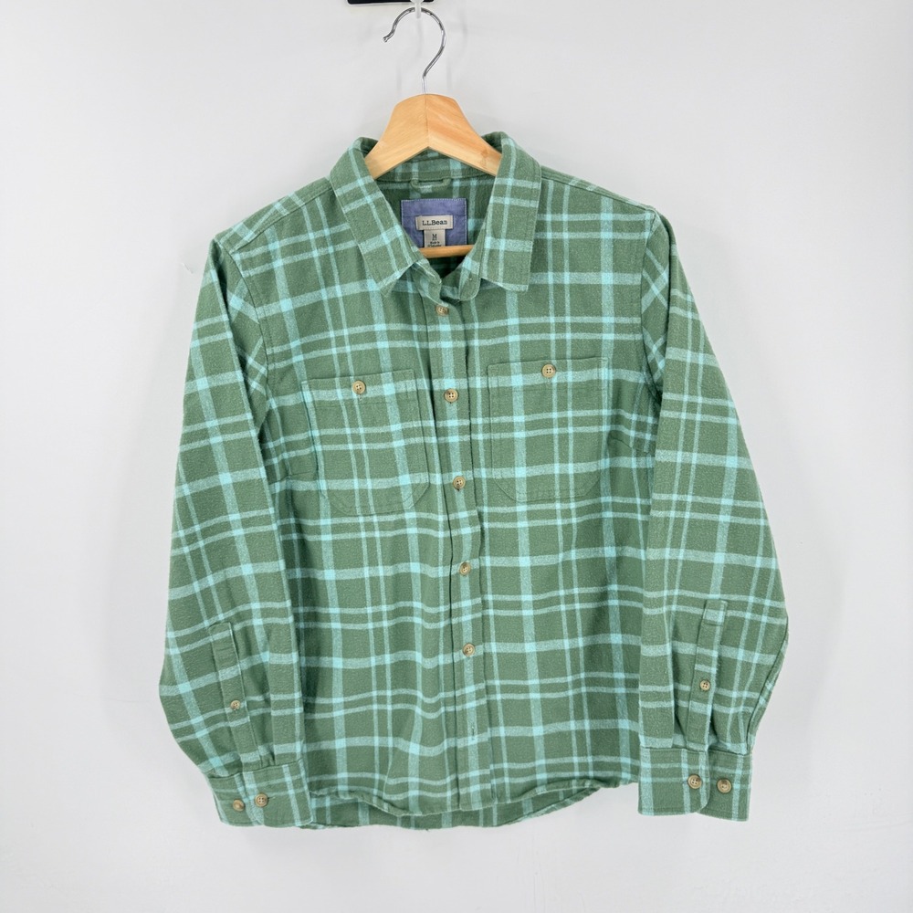 L.L.Bean Plaid Flannel Button Down‎ Shirt Green Long Sleeve Size M Petite